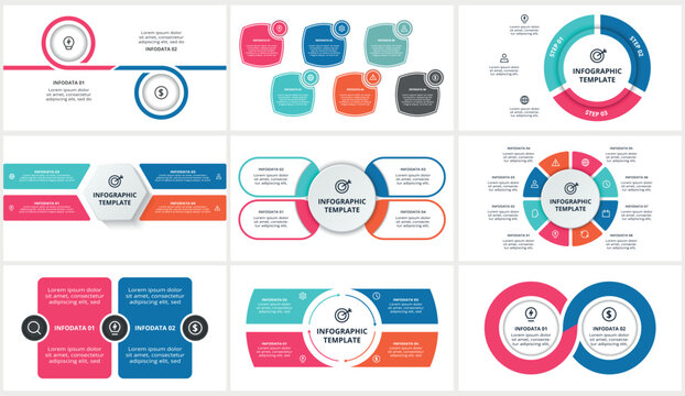 Set infographic with 2, 3, 4, 6, 8 steps, options, parts or processes. Business data visualization.