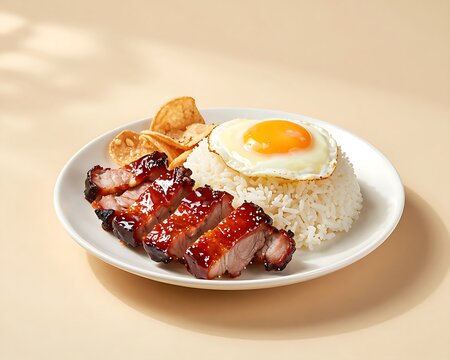 Kapampangan tocino served with white rice and fried egg on a plate