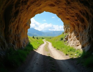 Fototapeta premium View from cave opening on dirt road leading to green valley mountains. Sunlight shines on path, blue sky with clouds above. Nature landscape offers journey.