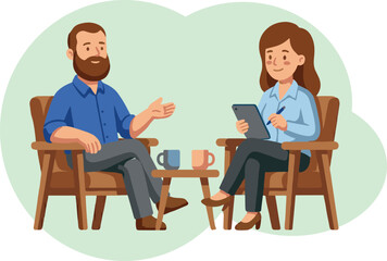 Obraz premium Man and woman in chairs with coffee discussing something during a session, possibly therapy or counseling, with notepad and pen