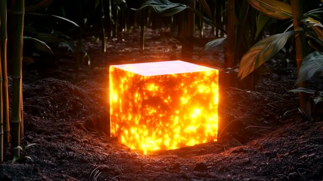 Mysterious Glowing Cube Illuminates Dark Forest Floor at Night.