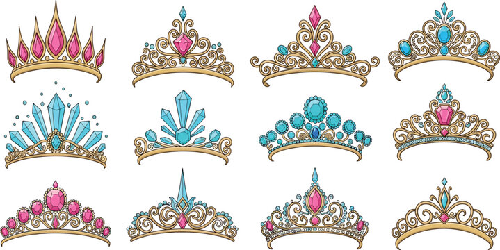 PrintVecVector SeSet of Elegant Tiaras and Crowns with Gemstones, Jewels, and Decorative Designs for Princess, Royalty, Fashion, and Costume Illustration Vectorst of Red, Green