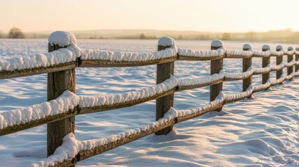 Fototapeta premium Snow-covered wooden fence along frozen lake during winter sunrise