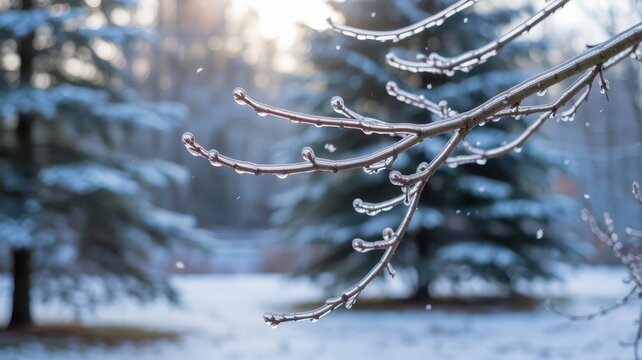 Close-up of tree branch with icicles hanging during winter in a snowy forest scene