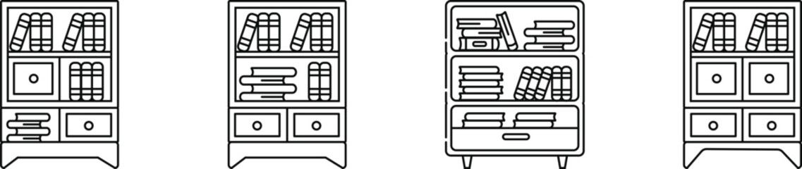 Hand Drawn Bookshelf Cabinet Icons Set Vector Illustration, Home Library and Storage Furniture Line Art Collection © SMRITI
