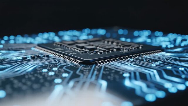 Close-up view of a black microchip on a circuit board with glowing blue lights, showcasing intricate details of electronic components and connections in a dark environment