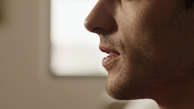 Close-up of a man's profile with expressive facial movements showing speech or conversation in a well-lit indoor setting for professional or personal use