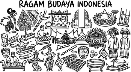 Black  White Line Art Doodle of Indonesian Culture Diversity, featuring Traditional Objects, People, Architecture, Music, and Food Icons for Heritage and Travel Themes © victoria