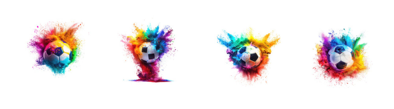 Collection of soccer balls exploding with colorful paint splashes isolated on transparent background