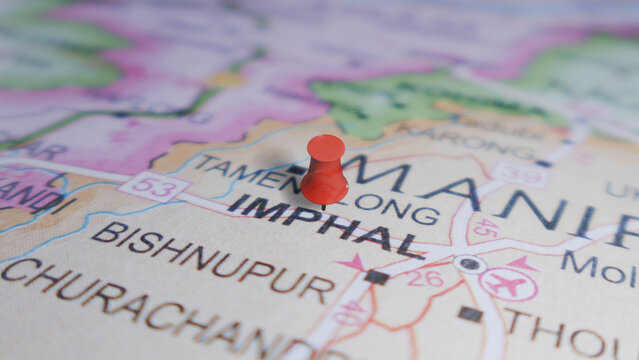 Red pin on Manipur map, India. Imphal travel and exploration in Northeast.