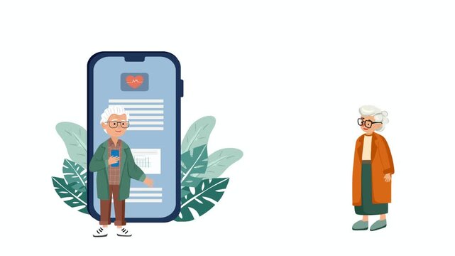 Flat vector illustration of a senior couple standing next to a giant smartphone with a health tracking app. Concept of eldercare technology, digital literacy, and e-health for older adults.