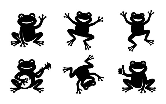 Happy Frog Silhouettes, Set of 6 Vector Illustrations, Playful Amphibian Poses, Music, Thumbs Up, Dancing, Cartoon Style