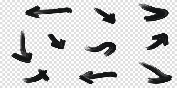 Collection of nine black brush stroke arrows on a white background with hand drawn direction collection. isolated creative movement abstract illustration backward decision navigation.