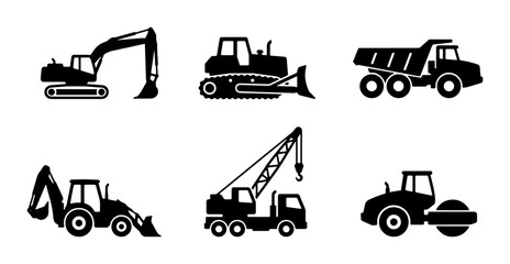 Construction Equipment Icons, Heavy Machinery Vector Set, Industrial Vehicles Silhouettes for Building and Engineering Projects © Rabiul