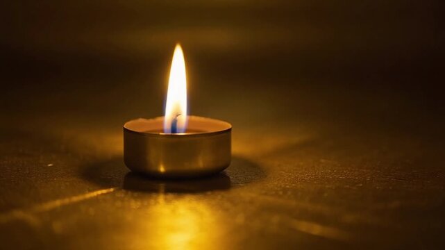 A lit candle burns brightly on a dark surface indoors at night