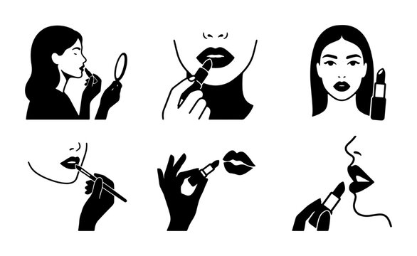 Lipstick Application Icons, Makeup Beauty Steps Vector Set, Cosmetic Application Graphics, Woman Applying Lipstick Illustrations