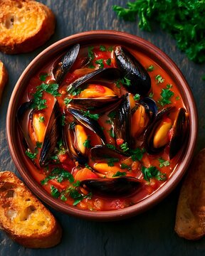 Traditional Italian zuppa di cozze mussel soup with toasted bread