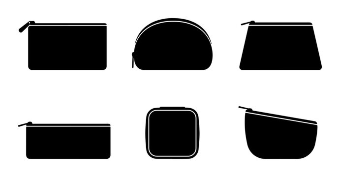 Black Cosmetic Bags Set, Makeup Pouches Collection, Zippered Accessory Cases Vector Icons, Versatile Storage Solutions