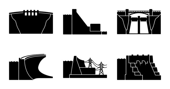Diverse Dam Silhouettes Collection, Hydroelectric Power Structures, Water Management Engineering Icons, Renewable Energy Infrastructure Vector Set