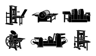 Vintage Printing Presses, Historical Letterpress Machines, Industrial Print Equipment Icons, Retro Typography Tools Set © Hasan