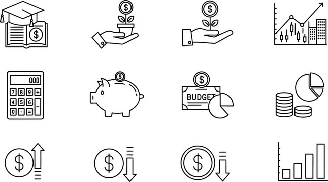 Financial and budgeting icons set with growth and investment symbols
