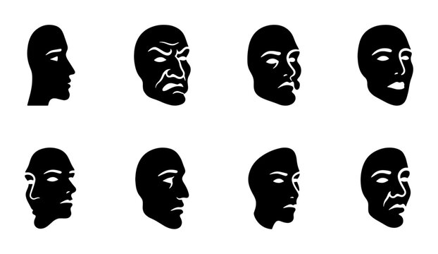 Diverse Human Face Silhouettes, Expressive Emotions Set, Black and White Profile Icons, Vector Collection for Communication and Psychology Concepts