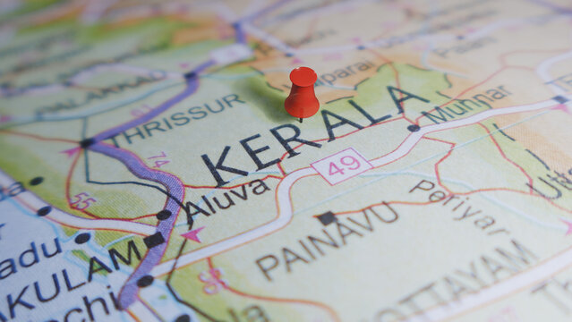 Red Pin on Map of Kerala, India marking Thrissur, Aluva, Painavu, Munnar, Kottayam, India Travel Destination, Navigation, Location, Tourism Concept