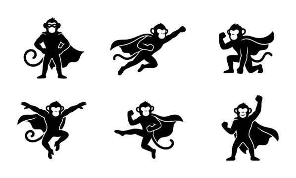 Superhero Monkey Vector Icons Set, Dynamic Poses, Black Silhouette, Playful Animal Graphics for Kids and Comics