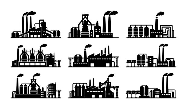 Industrial Factory Silhouettes, Manufacturing Plant Icons, Production Facility Vector Set, Heavy Industry Buildings Collection