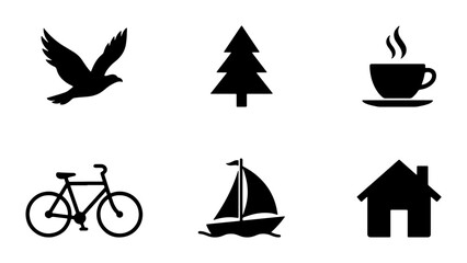 Six Silhouette Icons: Bird, Tree, Coffee Cup, Bicycle, Sailboat, House. Simple Vector Graphics for Lifestyle, Travel, and Nature Themes. © Fatema