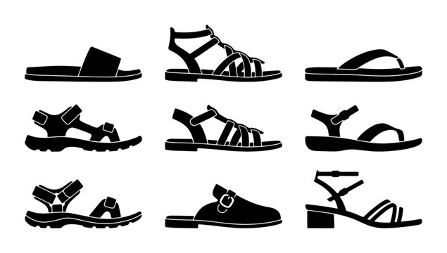 Collection of Nine Black Silhouette Footwear Styles, Including Sandals and Flats, Vector Icons for Fashion and Retail Design