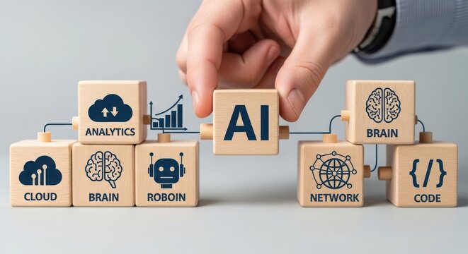Hand building wooden blocks with ai and tech icons
