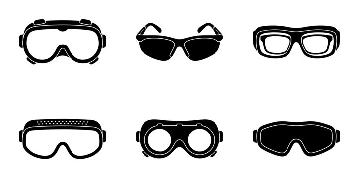 Protective Eyewear Collection, Safety Goggles and Glasses Icons, Industrial and Sports Protection Gear Set, Black and White Vector Graphics
