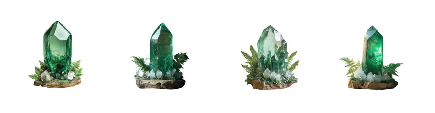 Four green crystal clusters isolated on transparent background