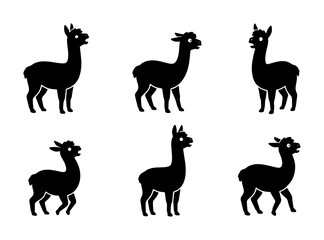 Six Black Alpaca Silhouettes, Cute Vector Animals, Farm Livestock Icons, South American Camelids, Graphic Design Elements, Simple Cartoon Style © Hasan