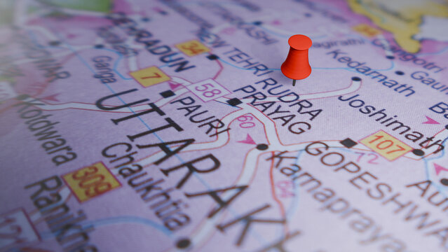Uttarakhand India Map with Red Pushpin: Pinpointing Rudraprayag, Pauri, and Gopeswar for Travel