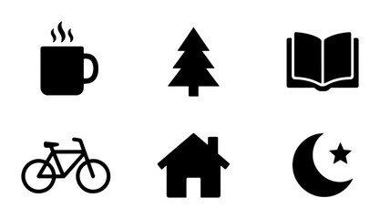 Simple Black Icons Set: Coffee Mug, Pine Tree, Open Book, Bicycle, House, Crescent Moon with Star, Vector Graphics for Lifestyle and Leisure Themes © Fatema