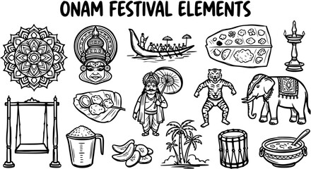 Black and White Line Art Hand Drawn Onam Festival Elements Collection. Traditional Kerala Indian Culture Icons Set for Celebration. © victoria