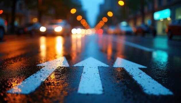 Three white arrows point forward on wet city road at night. Blurred car lights reflect on the wet asphalt surface. Symbolic for progress direction and clear path ahead.