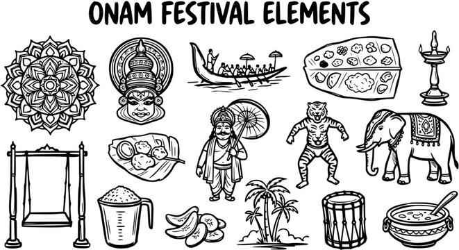 Black and White Line Art Hand Drawn Onam Festival Elements Collection. Traditional Kerala Indian Culture Icons Set for Celebration.