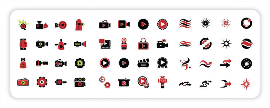Motion Graphics and Video Production Icon Set in Flat Design Style, 
Media and Play Button Vector Collection
