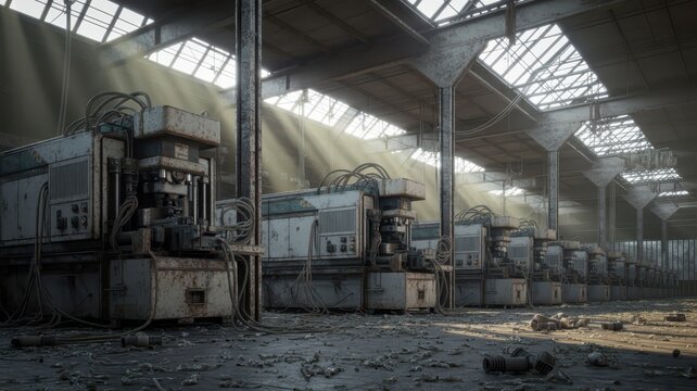 Abandoned Industrial Factory with Rusted Machinery and Sunlight Filtering Through Roof
