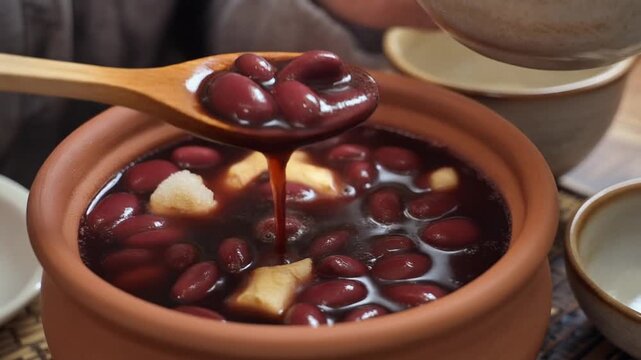 Close-up slow-motion shot of a wooden spoon stirring vibrant red beans and ginger in a traditional clay pot, with liquid being poured