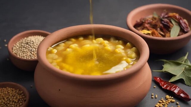Vibrant Yellow Dal Tadka, Slow Motion Pouring Ghee into a Traditional Earthenware Pot with Indian Spices, Symbolizing Authentic Cuisine