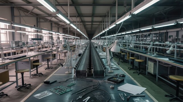 Modern Electronics Manufacturing Factory with Assembly Lines and Equipment