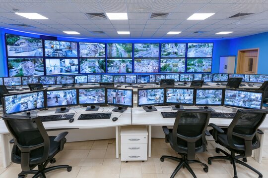 Modern security control room with multiple monitors displaying live surveillance camera feeds.