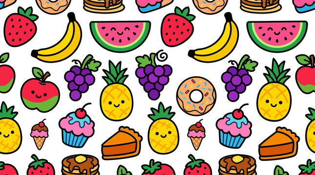 Colorful cartoon dessert and fruit assortment.