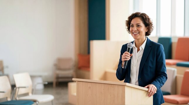 Smiling businesswoman giving speech with microphone at podium. Professional female speaker delivering presentation at corporate conference. Leadership concept