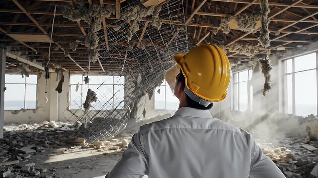 Construction worker wearing a yellow helmet inspects a partially demolished building interior with debris and exposed ceiling structure in a bright industrial space
