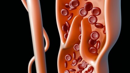 A 3D medical illustration of cross-section of a vein with working bivalve leaflets, demonstrating red blood cells flowing smoothly through the open valve structure. © Love Employee